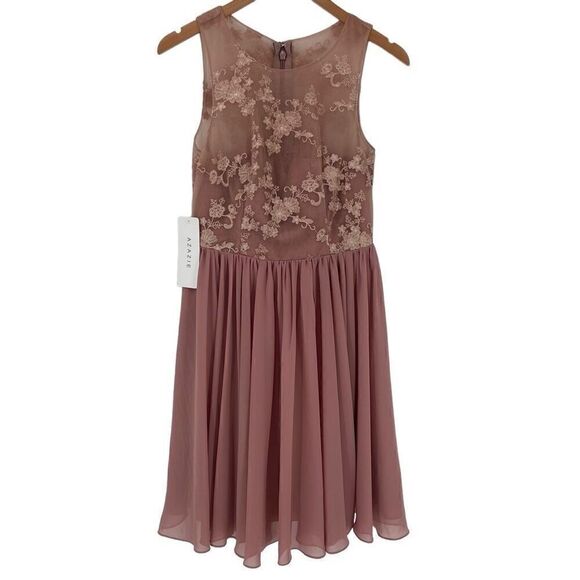 Azazie Victoria Sheer Embroidered Sleeveless Knee Length Dress Dusty Rose Custom - Picture 1 of 7